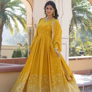 Yellow Wedding Wear Heavy Sequence Work Gown with Dupatta