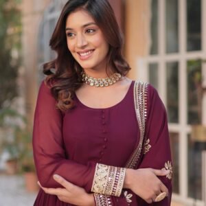 Sophisticated Maroon Zari Sequins Embroidered Gown