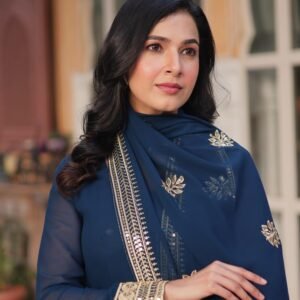 Royal Blue Faux Blooming Gown with Zari Sequins Embroidery