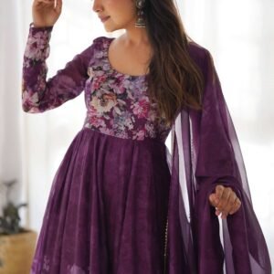 Trendy Wine Floral Printed Anarkali Suit Set with Dupatta - Modern & Chic