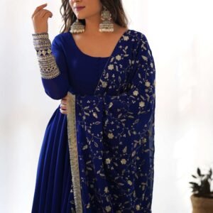 Dazzling Blue Georgette Gown Sophisticated Embroidered Detail