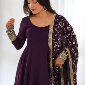 Elegant Wine Georgette Gown Set with Dupatta - Luxurious & Chic
