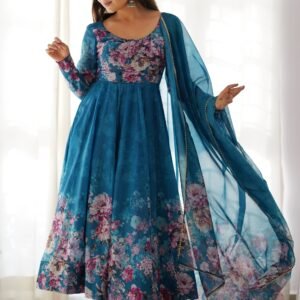 Luxurious Turkish Floral Printed Organza Anarkali Suit Set with Dupatta