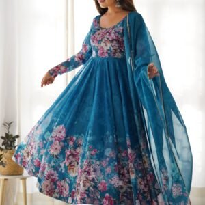 Luxurious Turkish Floral Printed Organza Anarkali Suit Set with Dupatta