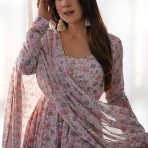 Elegant Pink Chiffon Anarkali Suit with Orange Floral Print Dupatta
