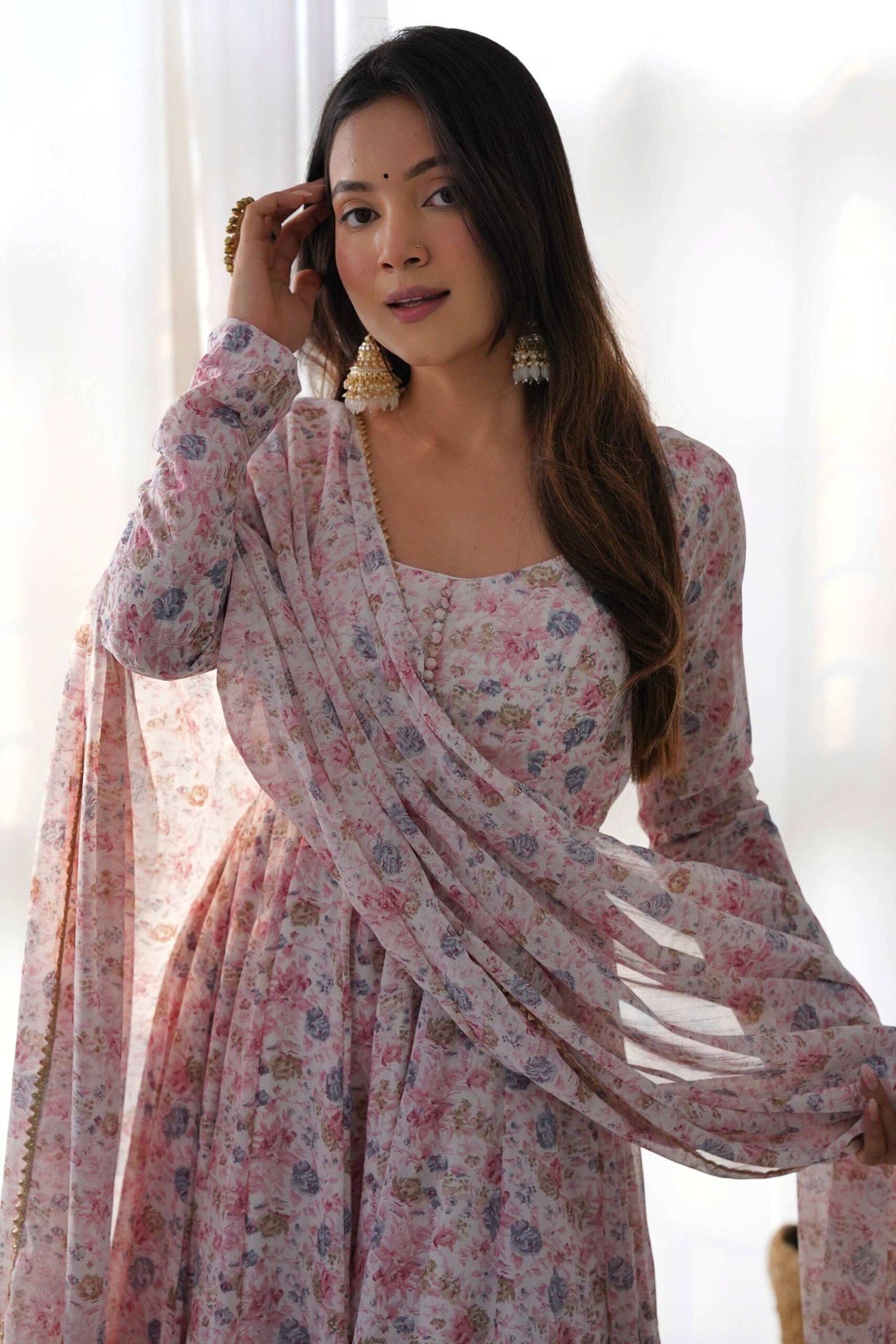 Elegant Pink Chiffon Anarkali Suit with Orange Floral Print Dupatta Elegant Pink Chiffon Anarkali Suit with Orange Floral Print Dupatta