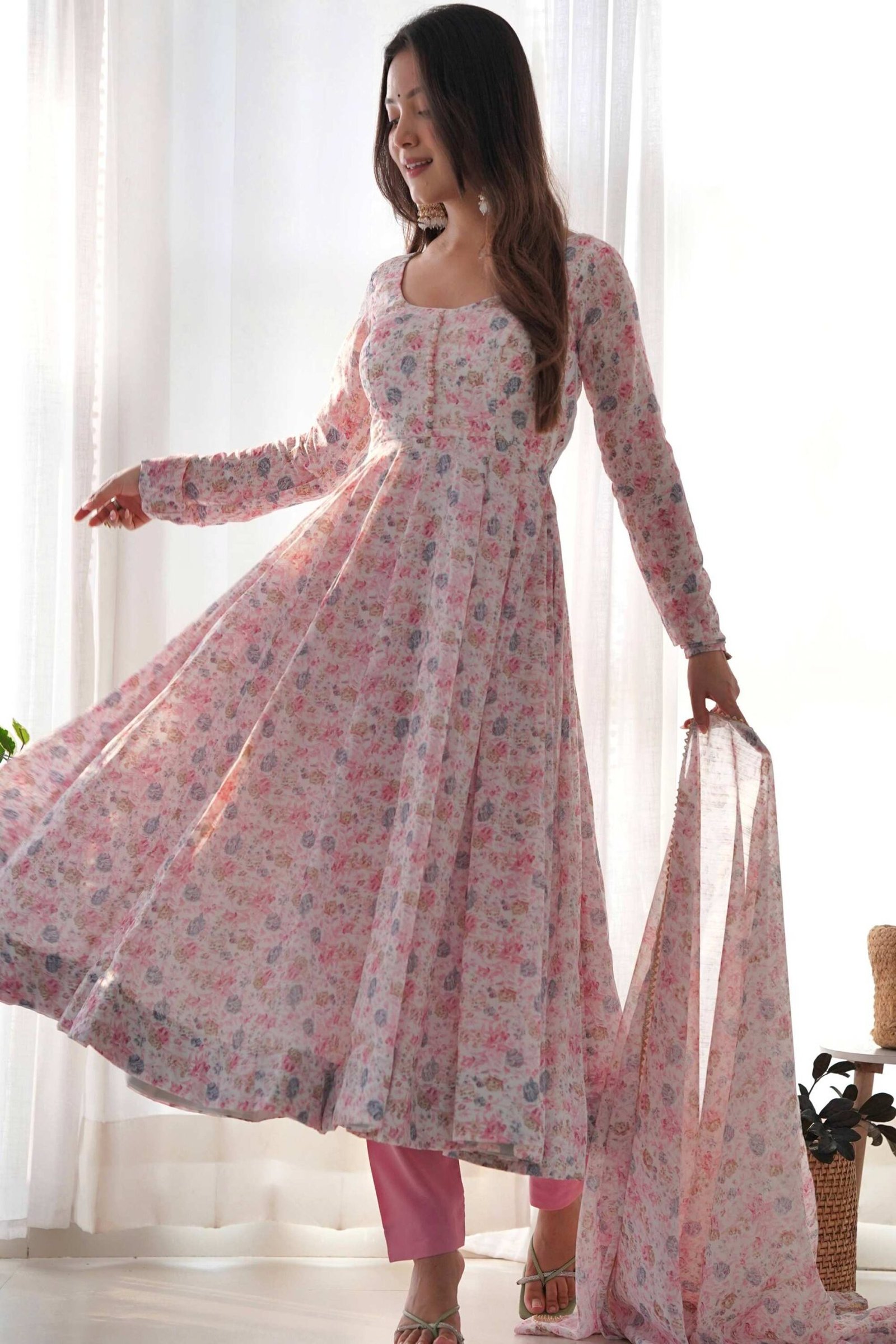 Elegant Pink Chiffon Anarkali Suit with Orange Floral Print Dupatta Elegant Pink Chiffon Anarkali Suit with Orange Floral Print Dupatta