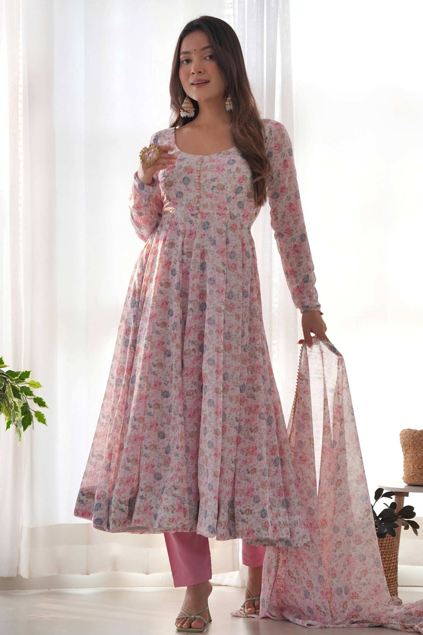 Elegant Pink Chiffon Anarkali Suit with Orange Floral Print Dupatta Elegant Pink Chiffon Anarkali Suit with Orange Floral Print Dupatta