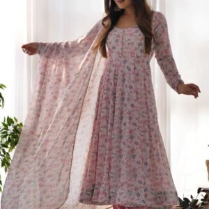 Elegant Pink Chiffon Anarkali Suit with Orange Floral Print Dupatta