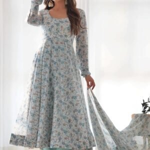 Exquisite Sky Blue Chiffon Anarkali Suit with Floral Print Dupatta