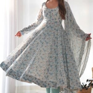Exquisite Sky Blue Chiffon Anarkali Suit with Floral Print Dupatta