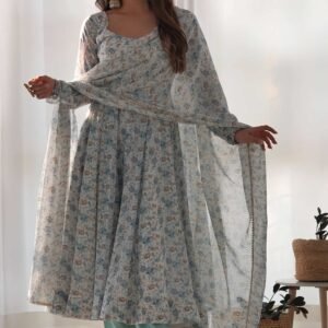 Exquisite Sky Blue Chiffon Anarkali Suit with Floral Print Dupatta