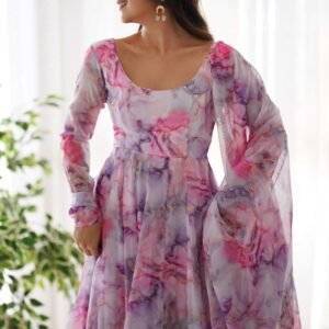 Exquisite Pink Organza Floral Print Anarkali Suit with Dupatta