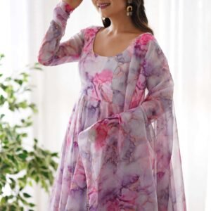 Exquisite Pink Organza Floral Print Anarkali Suit with Dupatta