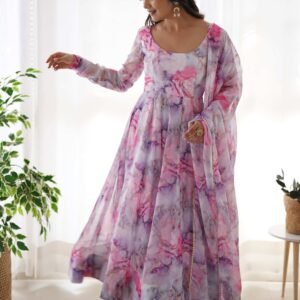 Exquisite Pink Organza Floral Print Anarkali Suit with Dupatta