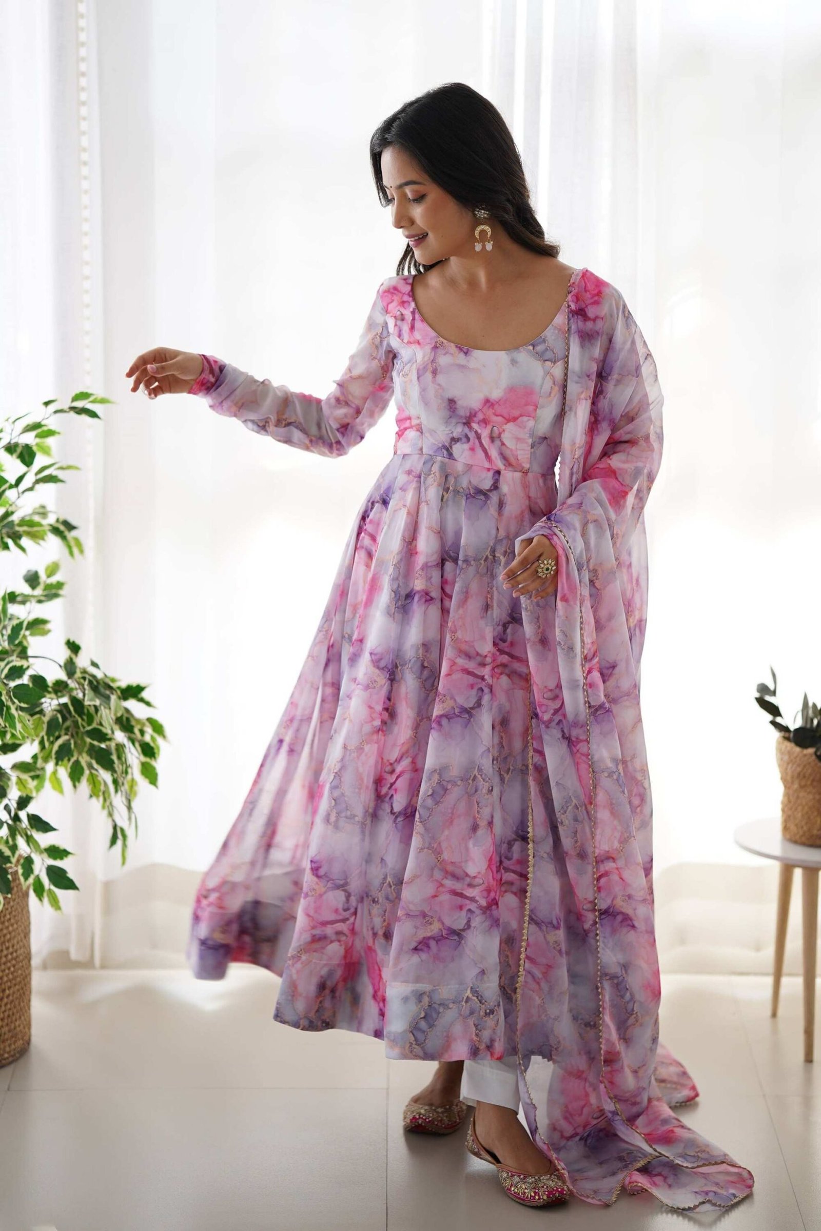 Exquisite Pink Organza Floral Print Anarkali Suit with Dupatta Exquisite Pink Organza Floral Print Anarkali Suit with Dupatta