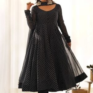 Stunning Black Laheriya Print Georgette Anarkali Suit with Dupatta
