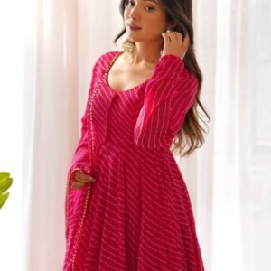 Vibrant Rani Pink Georgette Laheriya Print Anarkali Suit with Dupatta