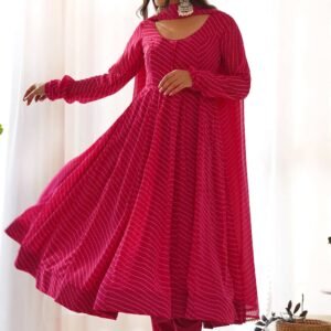 Vibrant Rani Pink Georgette Laheriya Print Anarkali Suit with Dupatta