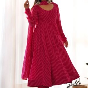 Vibrant Rani Pink Georgette Laheriya Print Anarkali Suit with Dupatta