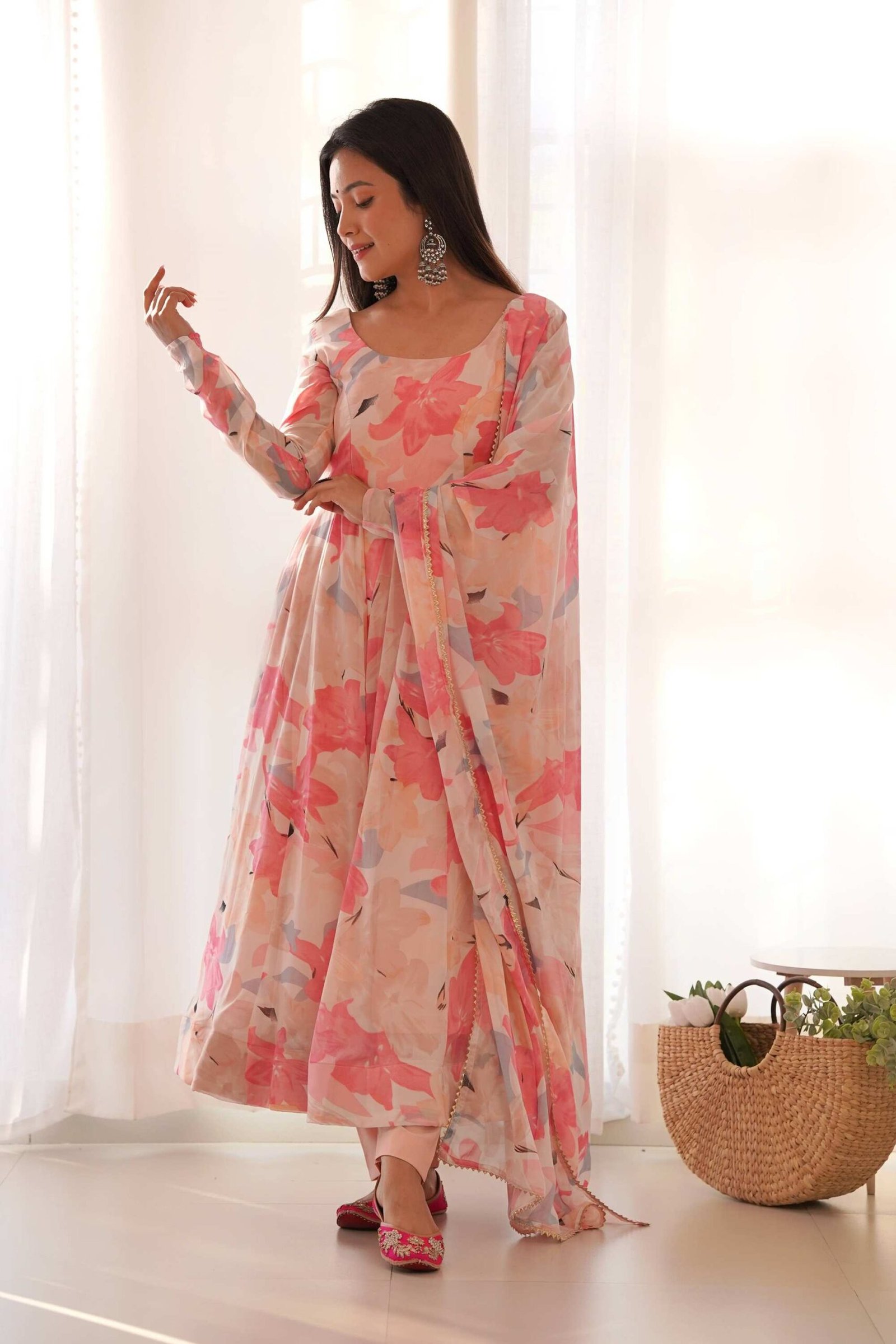 Peach Floral Georgette Anarkali Suit Peach Floral Georgette Anarkali Suit