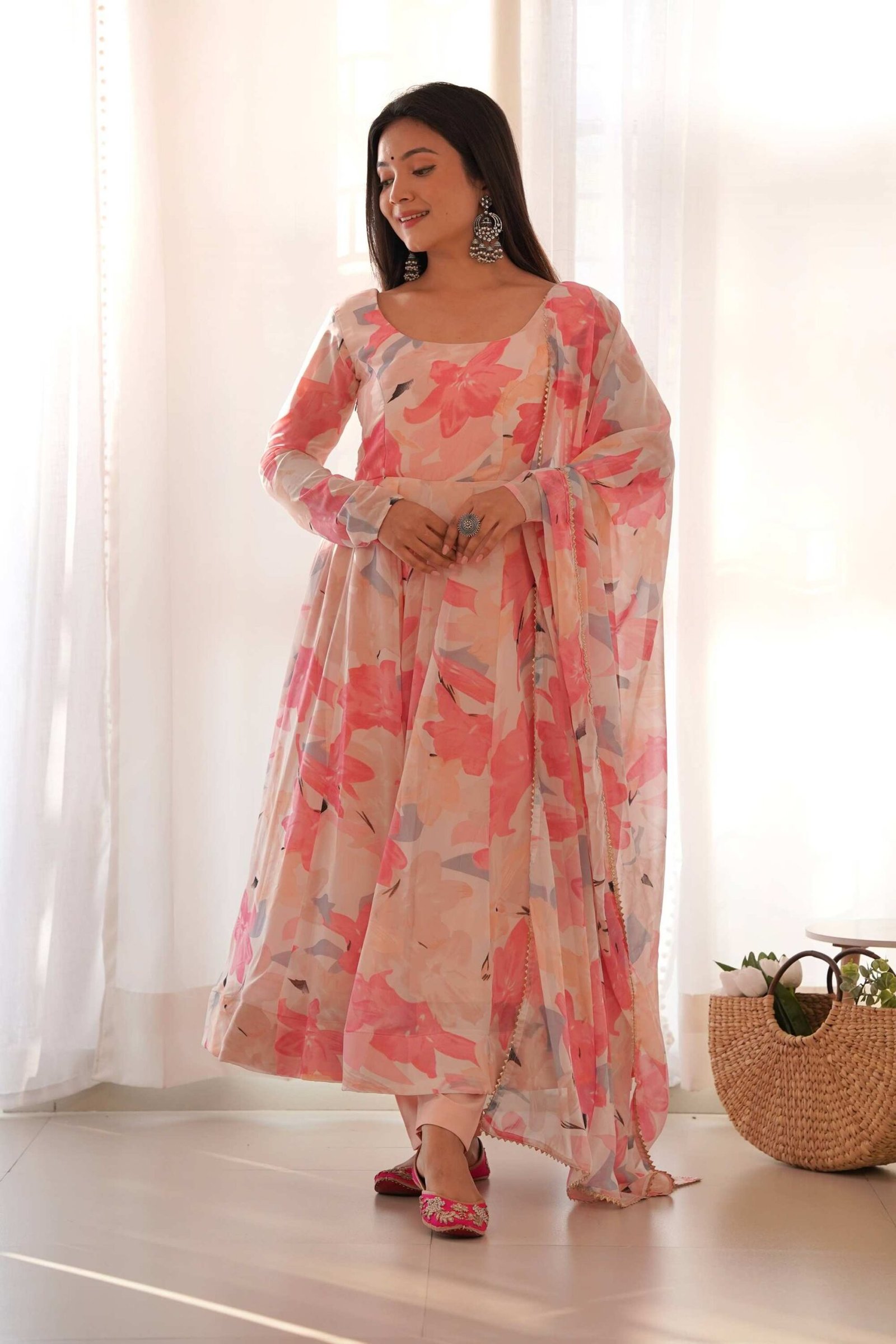 Peach Floral Georgette Anarkali Suit Peach Floral Georgette Anarkali Suit