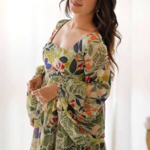 Elegant Floral Print Soft Fox Georgette Maxi Dress with Balloon Sleeves - Fully Flared