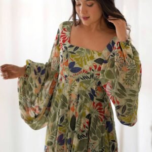 Elegant Floral Print Soft Fox Georgette Maxi Dress with Balloon Sleeves - Fully Flared