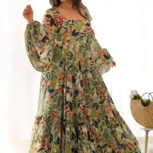 Elegant Floral Print Soft Fox Georgette Maxi Dress with Balloon Sleeves - Fully Flared