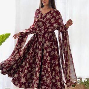Elegant Multi Floral Print Fox Georgette Anarkali Suit Set