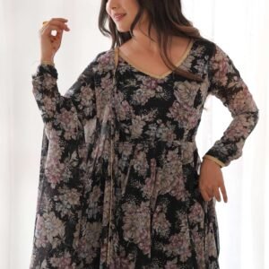 Black Floral Georgette Anarkali Suit Set with Dupatta