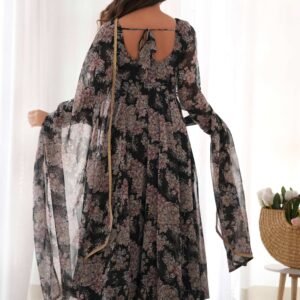 Black Floral Georgette Anarkali Suit Set with Dupatta