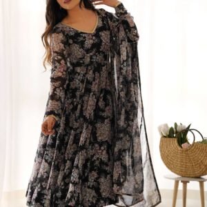 Black Floral Georgette Anarkali Suit Set with Dupatta
