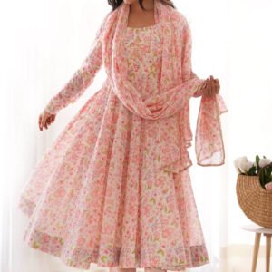 Pink Flower Printed Anarkali Suit Set