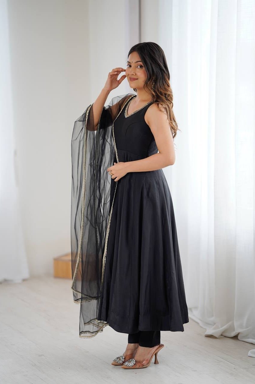 Black Color Sleeveless Roman Silk Chanderi Anarkali Suit Black Color Sleeveless Roman Silk Chanderi Anarkali Suit