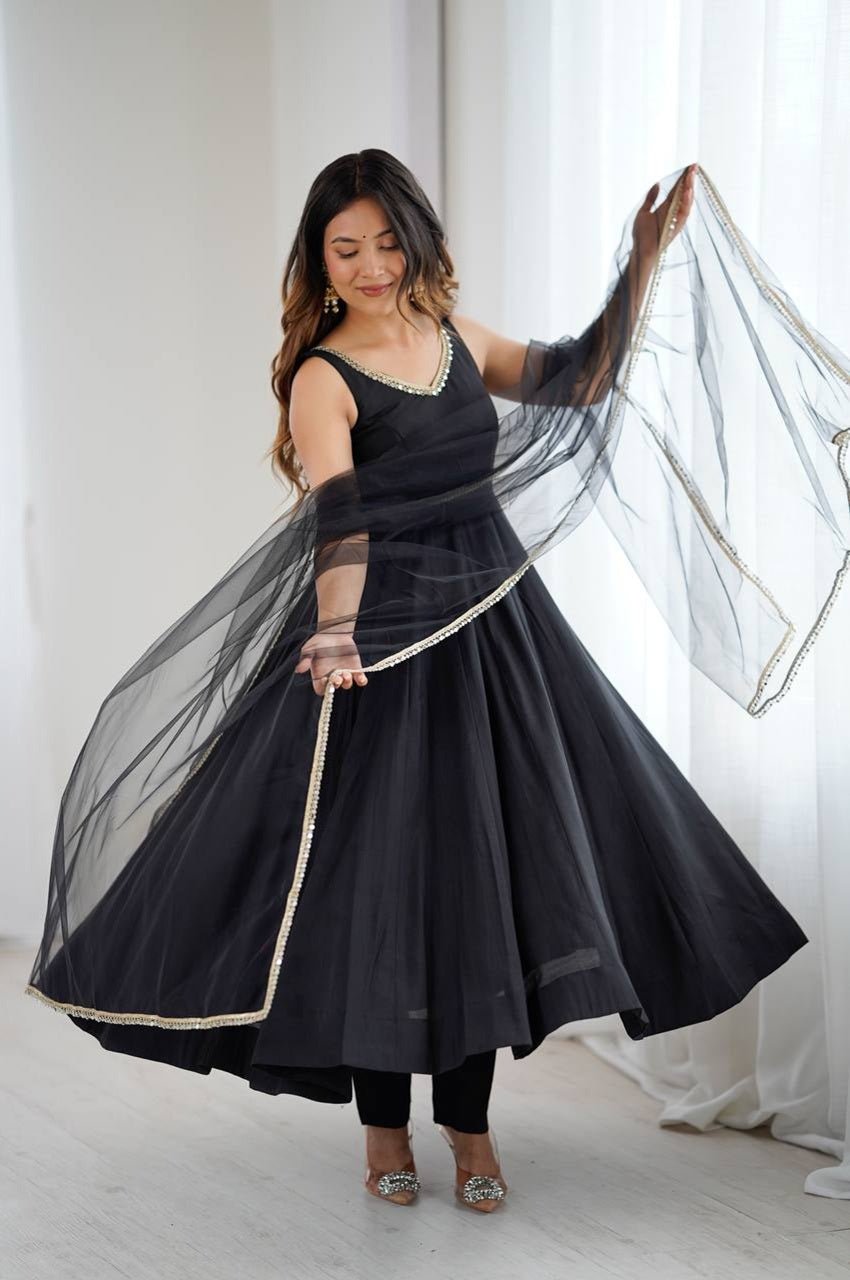 Black Color Sleeveless Roman Silk Chanderi Anarkali Suit Black Color Sleeveless Roman Silk Chanderi Anarkali Suit