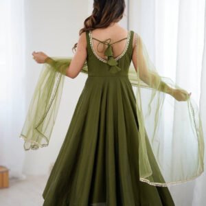 Mehndi Green Roman Silk Anarkali Suit Set