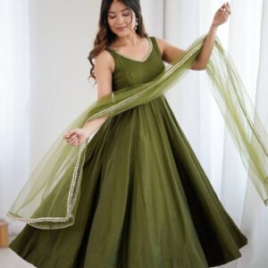 Mehndi Green Roman Silk Anarkali Suit Set