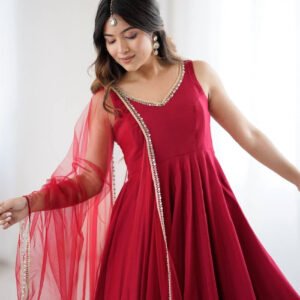 Maroon Roman Silk Anarkali Suit Set