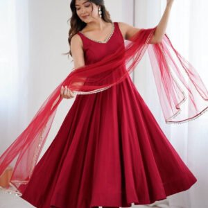 Maroon Roman Silk Anarkali Suit Set