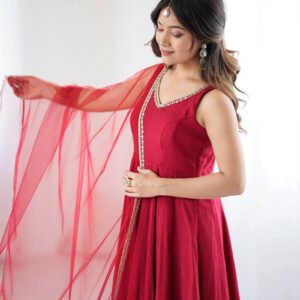 Maroon Roman Silk Anarkali Suit Set
