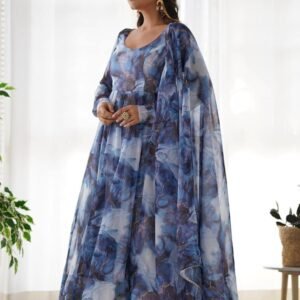 Navy Blue Organza Anarkali Gown with Marble Print