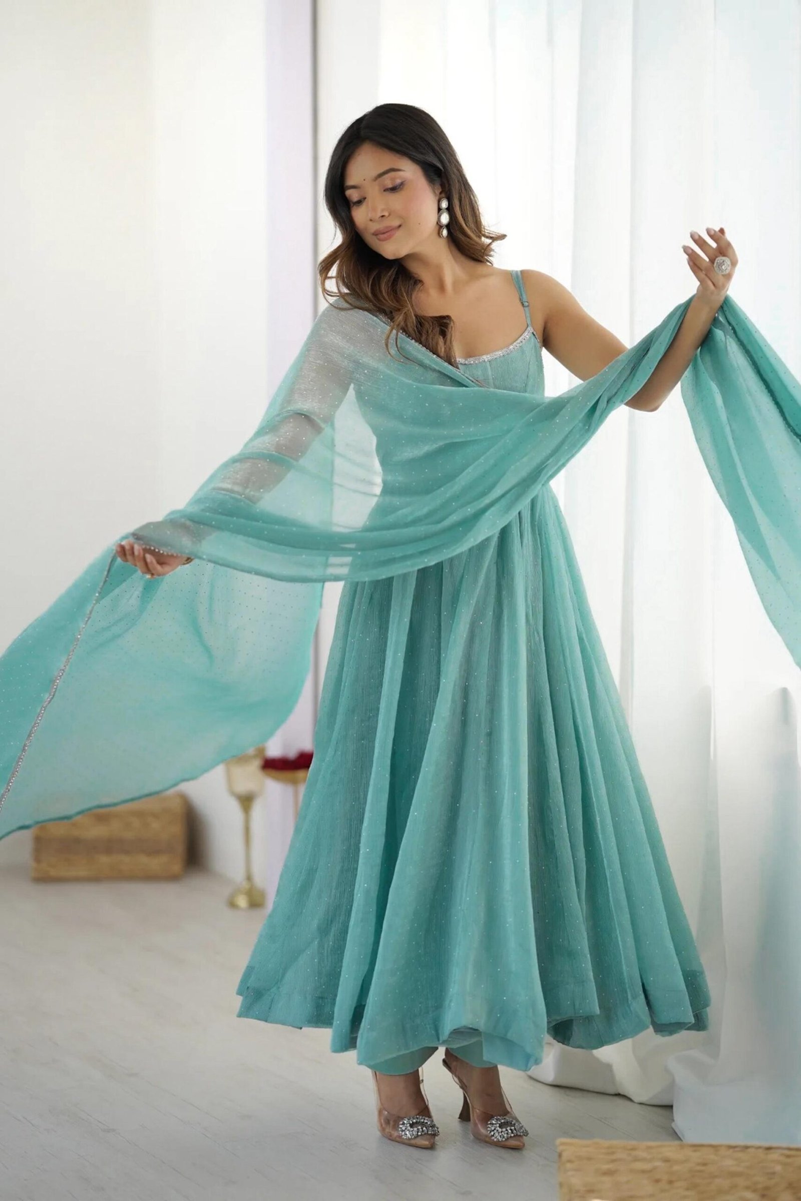 Powder Blue Anarkali Suit with Swarovski Work Powder Blue Anarkali Suit with Swarovski Work