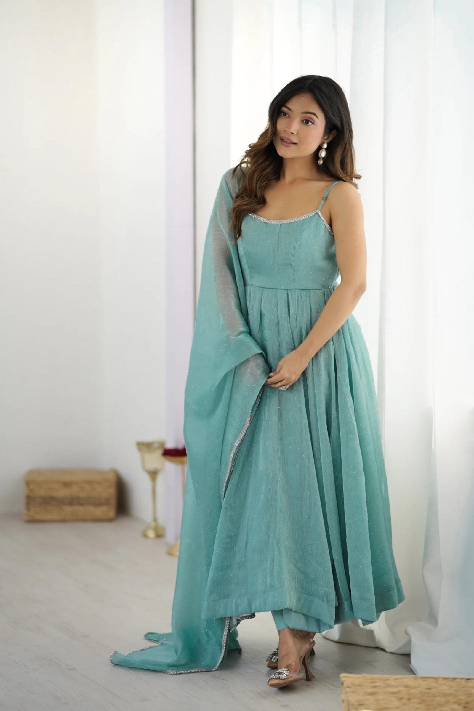 Powder Blue Anarkali Suit with Swarovski Work Powder Blue Anarkali Suit with Swarovski Work