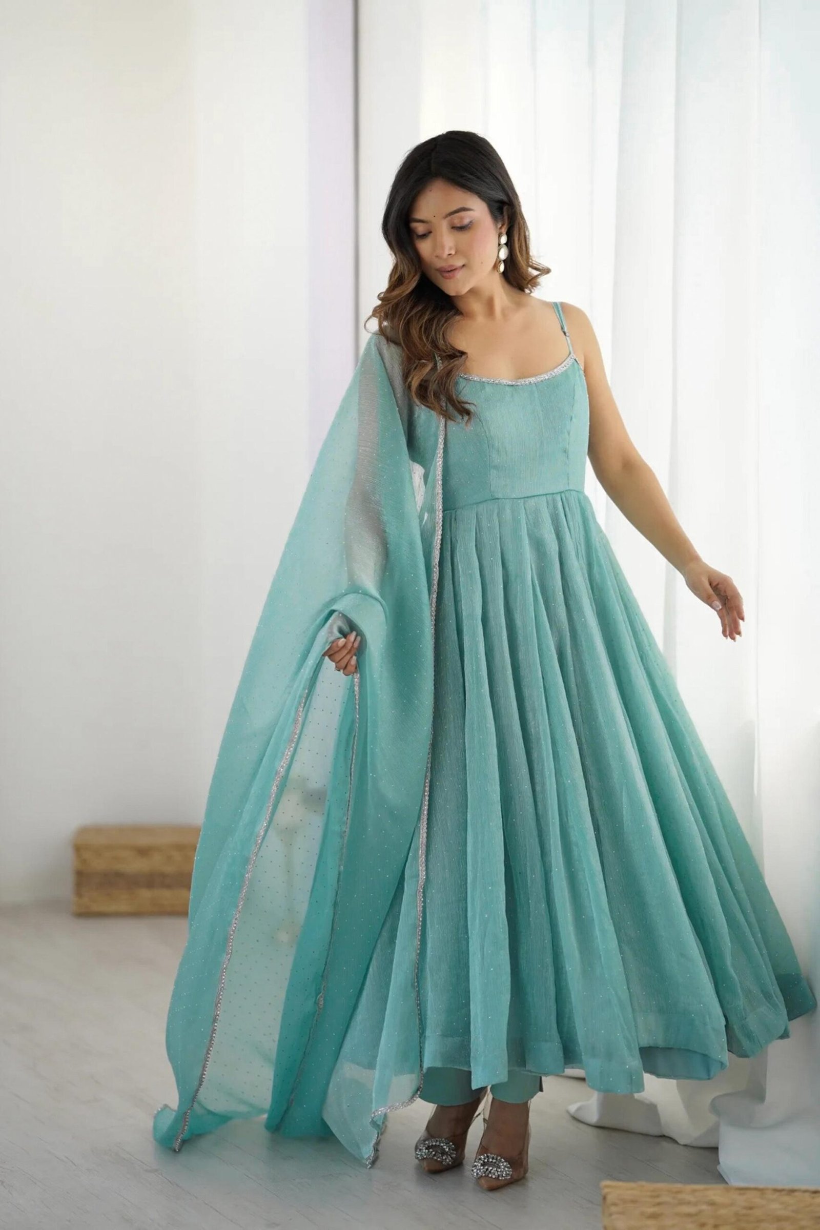 Powder Blue Anarkali Suit with Swarovski Work Powder Blue Anarkali Suit with Swarovski Work