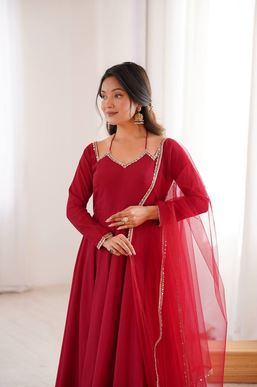 Royal Maroon Festive Anarkali Gown Set Royal Maroon Festive Anarkali Gown Set