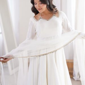 White Roman Silk Anarkali Suit Set