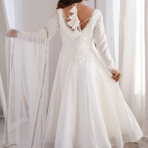 White Roman Silk Anarkali Suit Set