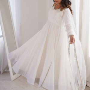 White Roman Silk Anarkali Suit Set