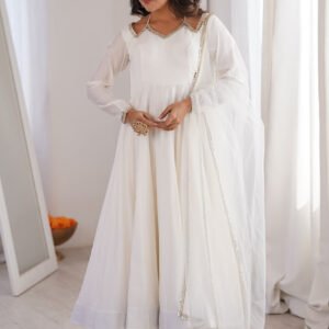 White Roman Silk Anarkali Suit Set